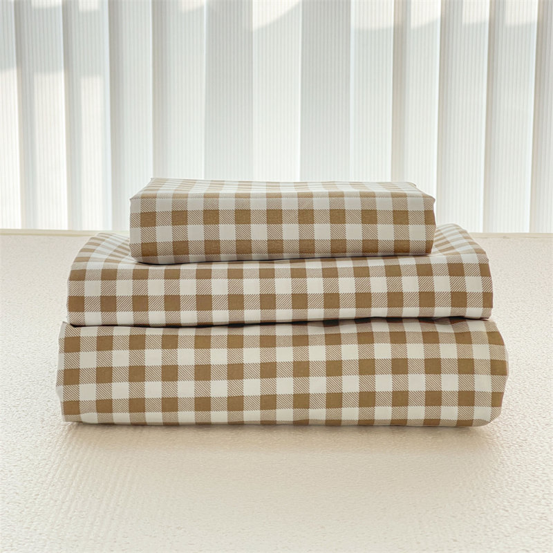 Ensemble de draps en vichy, microfibre prélavée ultra-douce, Guingan brun clair