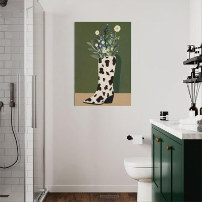 1pc Framed Canvas Wall Art Prints Poster, Cowboy Boot Floral, Cow Print, Modern Illustration Style Art Posters Canvas Print Painting for Living Room B