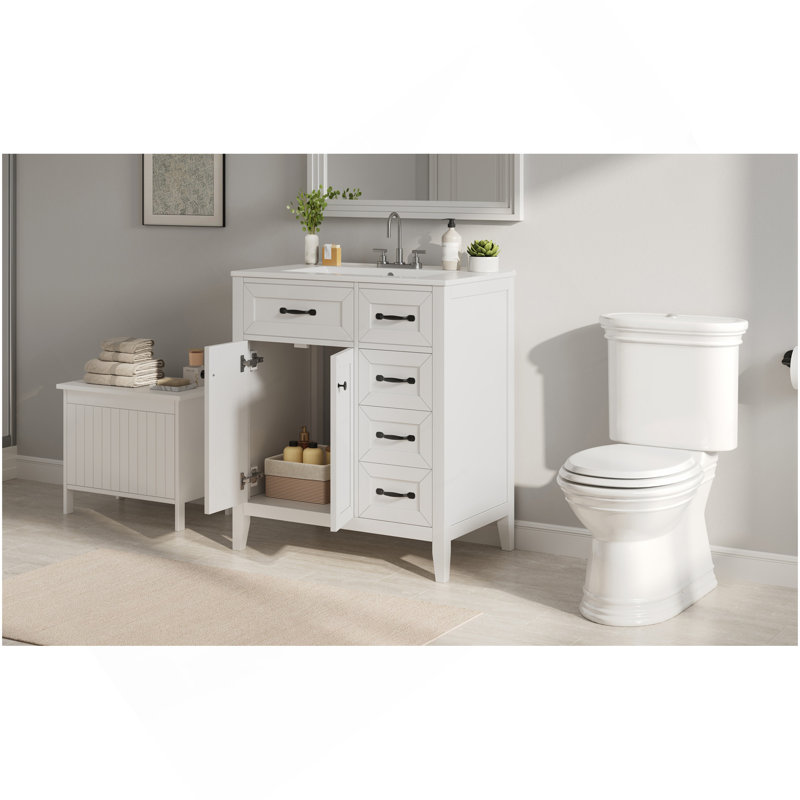 30" White Bathroom Vanity With Ceramic Sink, Freestanding Vanity With Black Metal Handles, Wood Legs, Soft-Close Doors & Drawers, Ample Storage