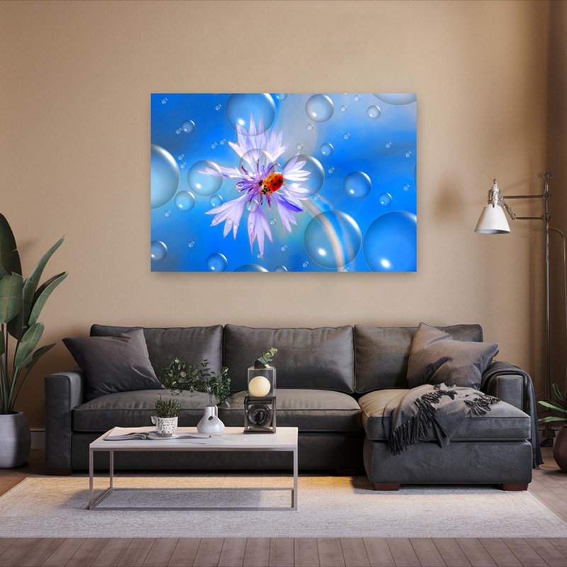 Ladybug Blue Bubbles Delicate Dreamy Vibrant Ladybug Flower Nature Wall Art Print by Thierry Dufour - Print