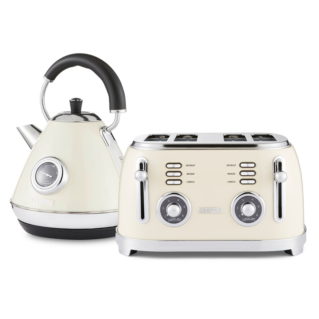 GEEPAS Retrovive 1.7L Electric Kettle & 4 Slice Bread Toaster Kitchen Combo Set | 3000W Vintage Cordless Stainless Steel Kettle Auto Shut-Off, Tempera