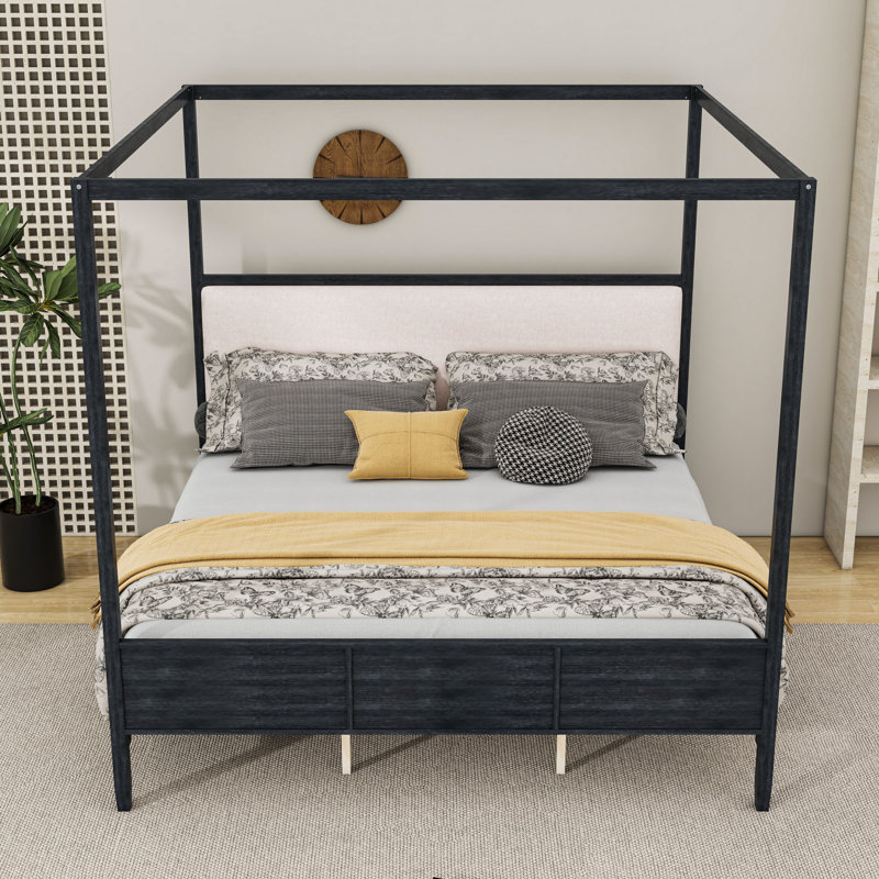 Lit plateforme à baldaquin en bois avec tête de lit tapissier en lin et pieds de soutien, Très grand lit, Black
