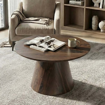 Table basse ronde minimaliste avec finition grain de bois naturel