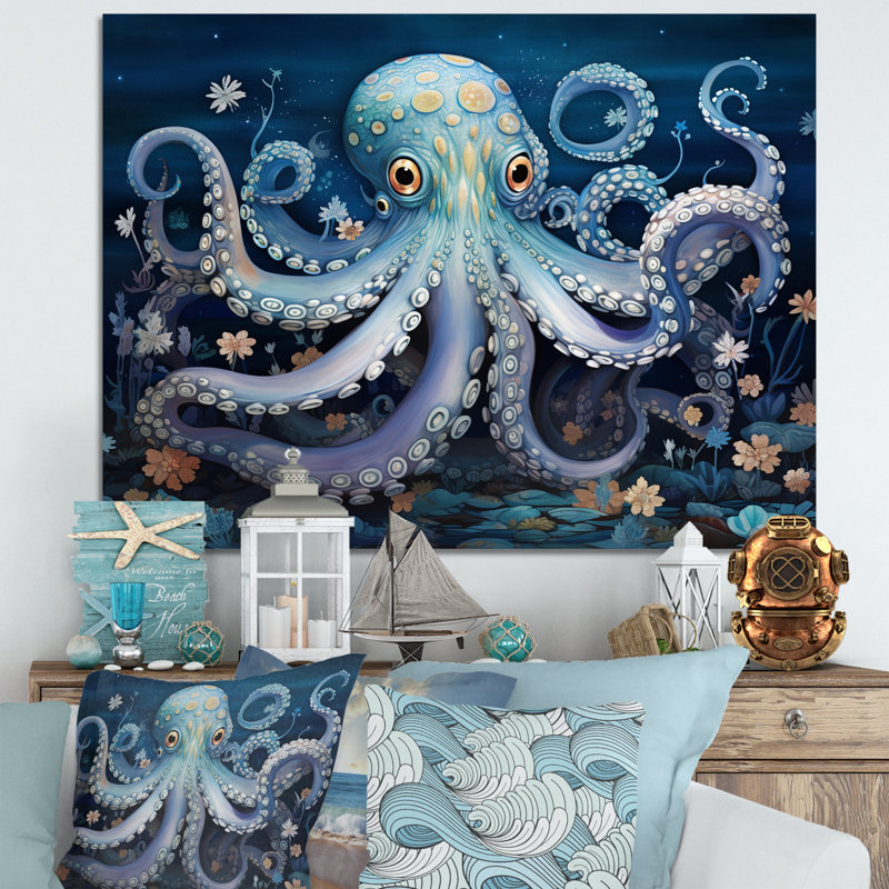 Ethereal Octopus In Deep See Illustration - Animals Octopus Wall Art Living Room, H 24 po x l 32 po, Cadre flottant doré