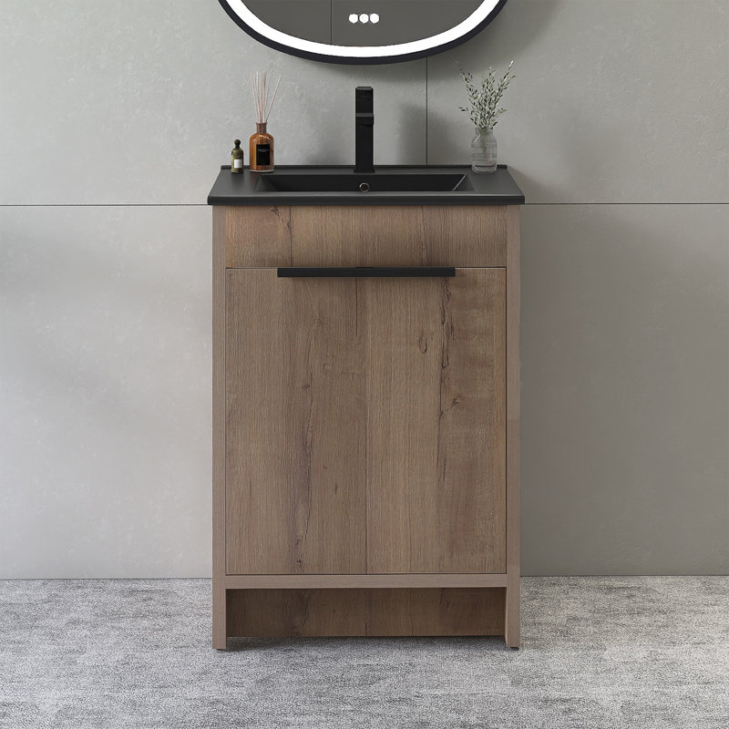 Meuble-lavabo sur pied 24 po avec lavabo en céramique, Imitation chêne