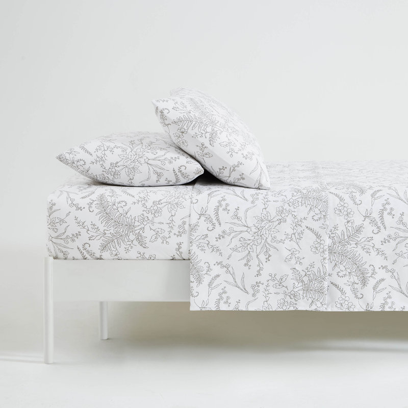 Ensemble de draps en microfibre Winter Brush, Simple, Fleurs blanches / noires