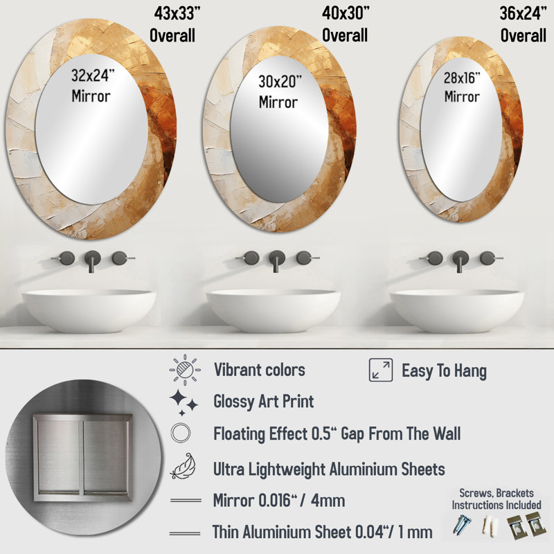 Gold Beige Spiral Poteries - Miroir mural moderne ovale, 36 po x 24 po