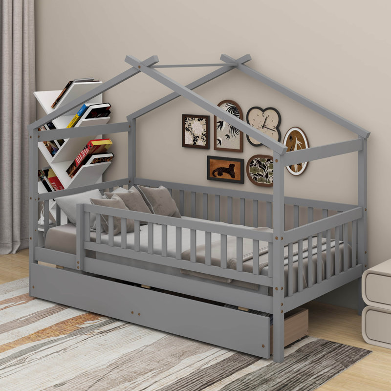 Lit en bois avec deux tiroirs, Gris, Simple