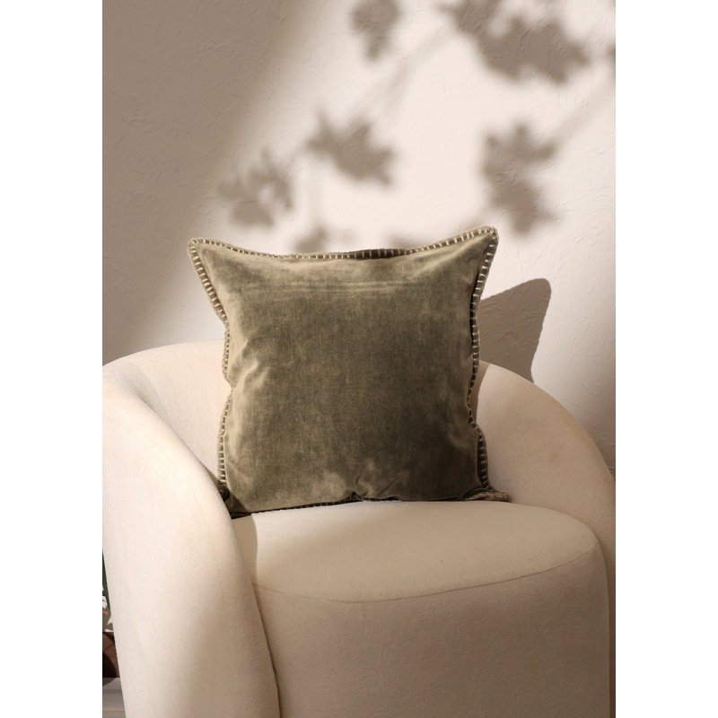 Throw Pillow | Stonewashed Cotton Velvet Throw Pillow with Decorative Handstitched Edges-18X18", Pickle