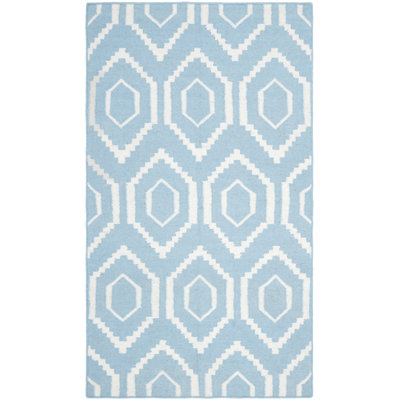Dhurries Hand Woven Flat Weave Wool/Cotton Geometric Rug in Ivory/Blue