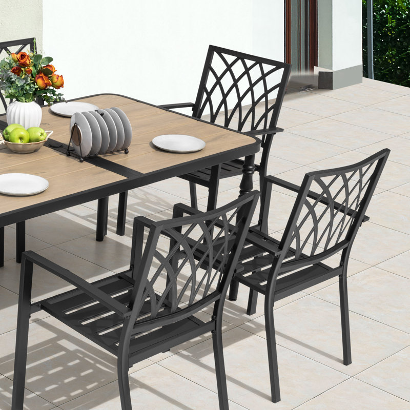 Patio Metal Dining Set With 6 Stackable Chairs And Umbrella Hole, Brown