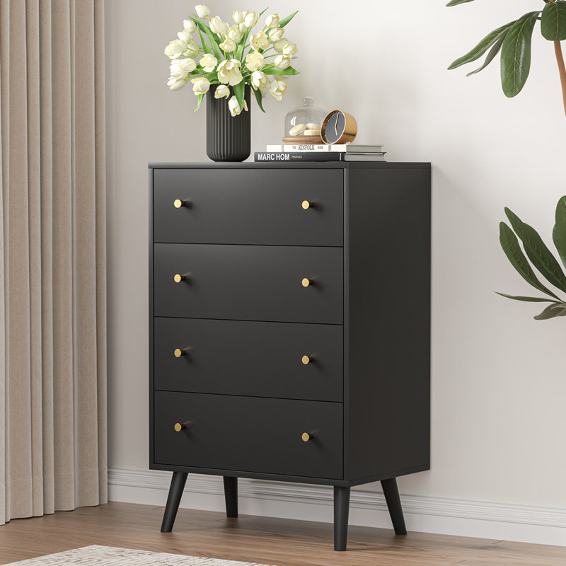Burt 4 - Drawer Dresser, Tall Chest of Drawers with Gold Handle for Bedroom, Black