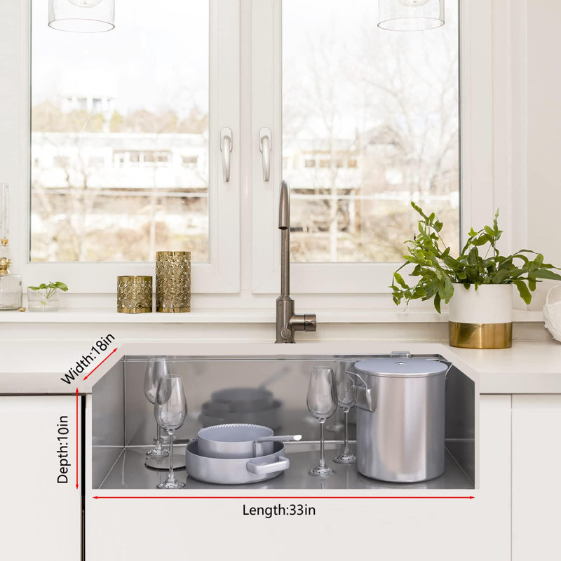 33 x 18 x 10 Inch Undermount Kitchen Sink, Single Bowl Brushed Stainless Steel w/Bottom Grid & Drain Kit
