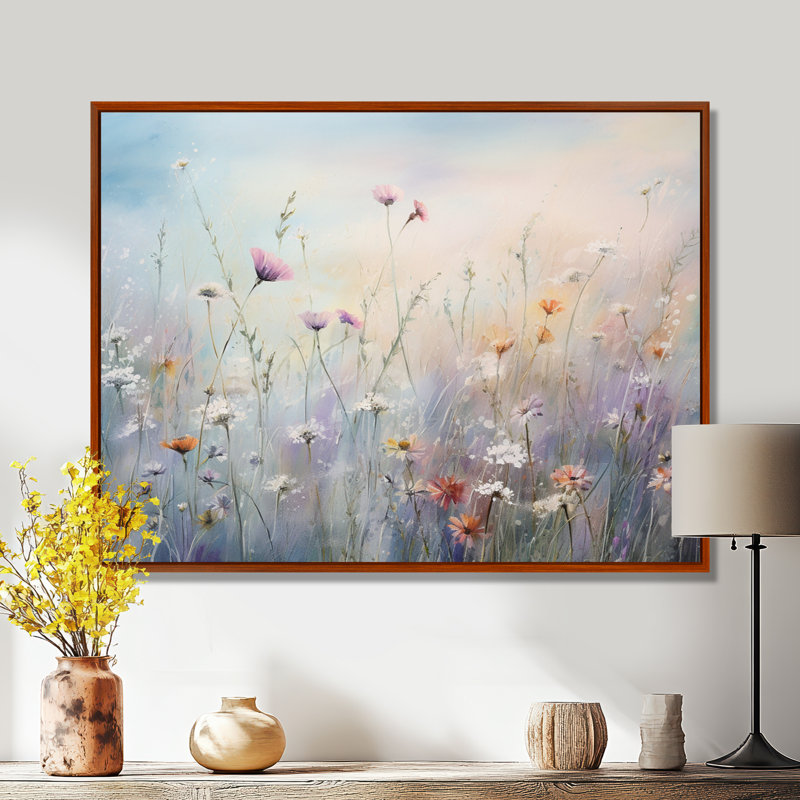 Wildflowers Wander meadows - Wildflowers Wall Art for Living Room, 24" H x 32" W, Floater Framed Print, Brown