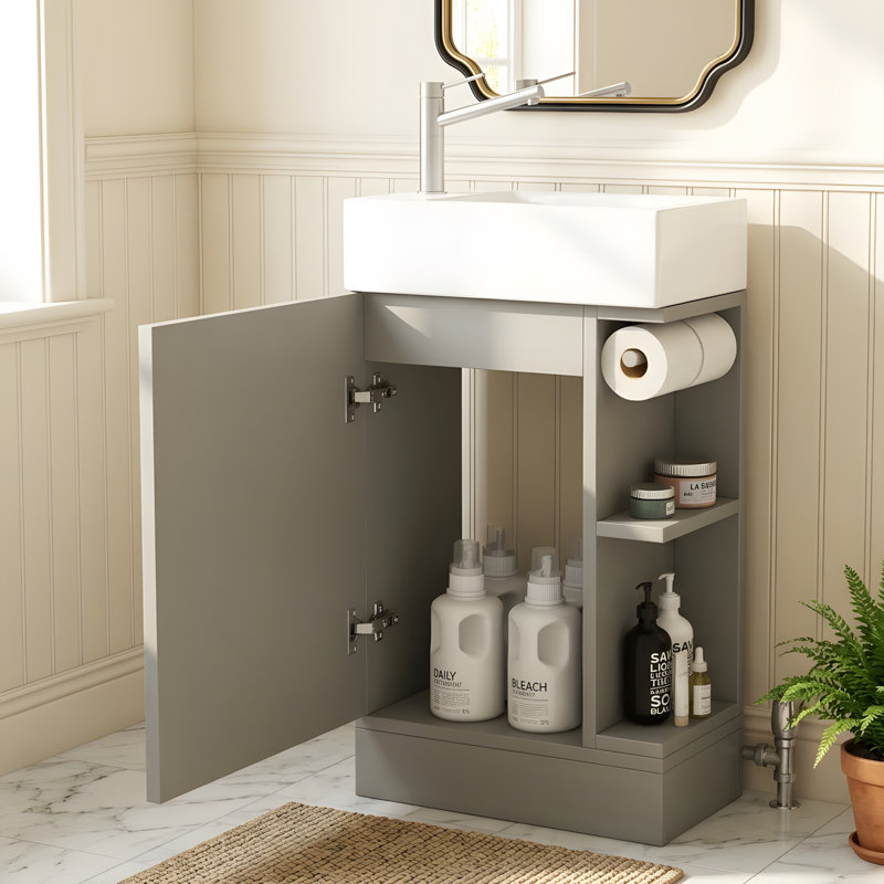 Meuble-lavabo 18,6 po avec armoire, porte-papier hygiénique et tablette, Gris