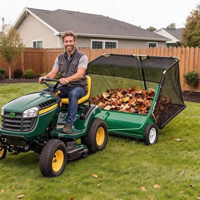 42‑Inch Tow‑Behind Lawn Sweeper for Riding Mower, Leaf & Grass Debris Pickup Cart, Yard Clean‑Up Attachment with Storage Bag and Gloves for Lawn and Fall Maintenance
