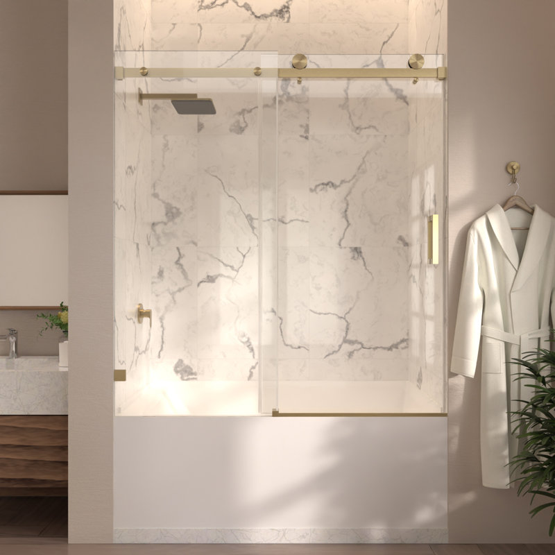 Porte de douche simple coulissante sans cadre avec verre transparent 3/8 po Serenity l 56 po x H 66 po, Brushed Bronze
