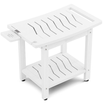 400LBS Capacity Shower Stool with Shelf and Handle, Waterproof Bathroom Seat with Non-Slip Legs, Easy Assembly Indoor/Outdoor Utility Bench for Adults, White