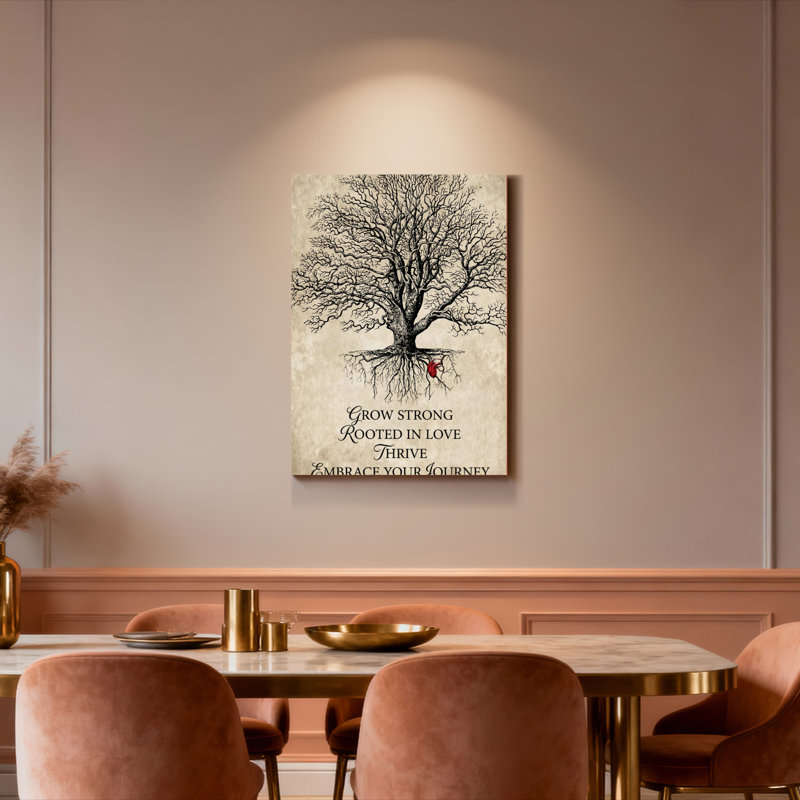 Ensemble de 1 tableau sur toile tendue représentant un arbre avec des racines et un cœur rouge, H 24 po x l 16 po