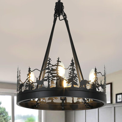 Rustic Antler Chandelier With Bear And Deer Design, Adjustable Height Farmhouse Lighting Fixture For Dining Room, Living Room, Entryway
