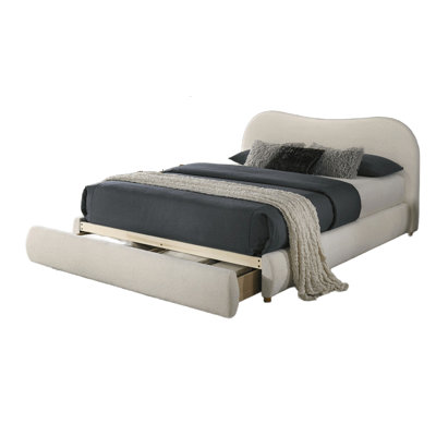 Contemporary White Boucle Bed For King Size, Curved Design And Engineered Wood Support Upholstered Size Bed, Headboard, Solid Structure
