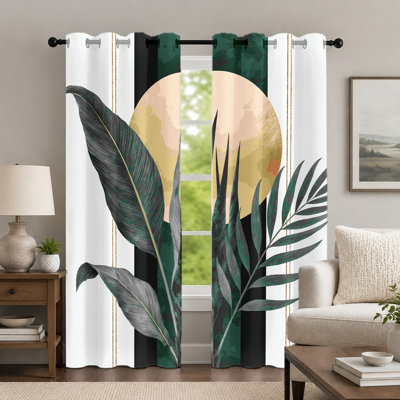 2Pcs Green Leaf and Sun Pattern Curtains, Botanical Style Drape, Aesthetic Tropical Plant Printed Art Grommet Drapes, Window Treatment for Bedroom Living Room Decor