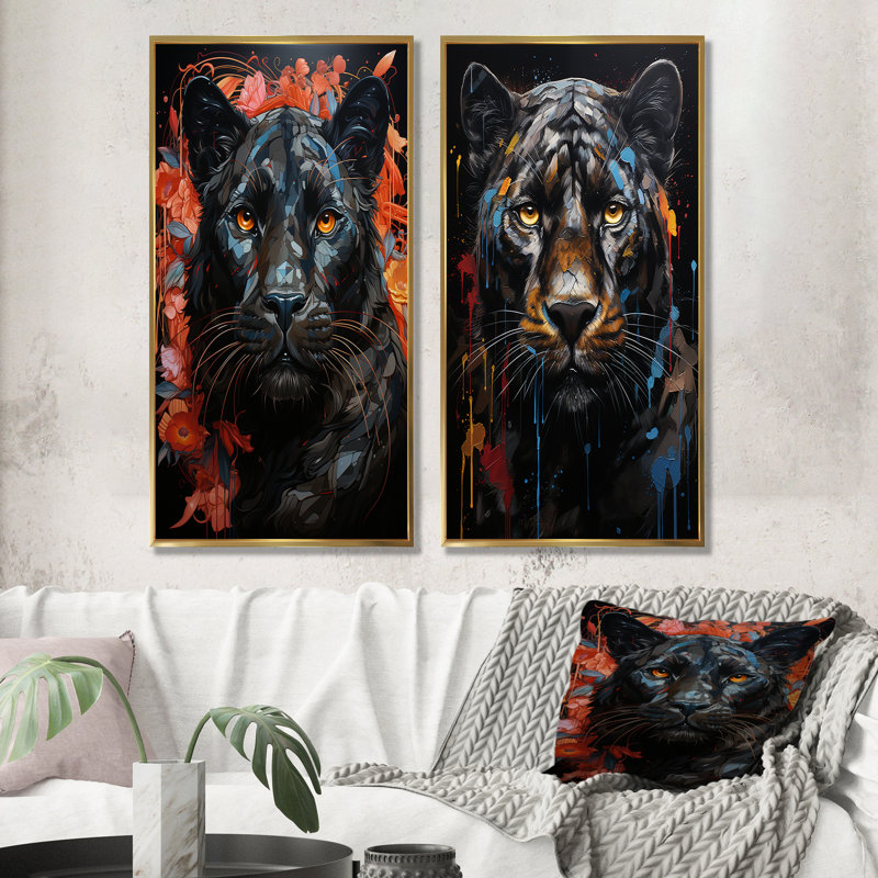 Graffiti Urban Panther Presence - ensemble de 2 impressions sur toile Panther, Encadrement doré, H 28 po x l 25 po