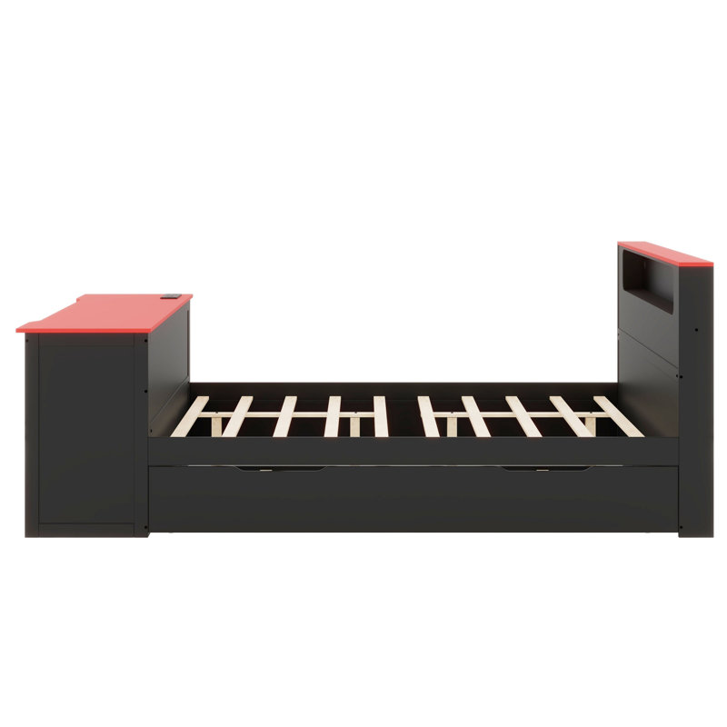 Lit de jour en bois avec couchette, bureau d'écriture, éclairage à DEL intégré et ports de charge USB, Double, Noir et rouge