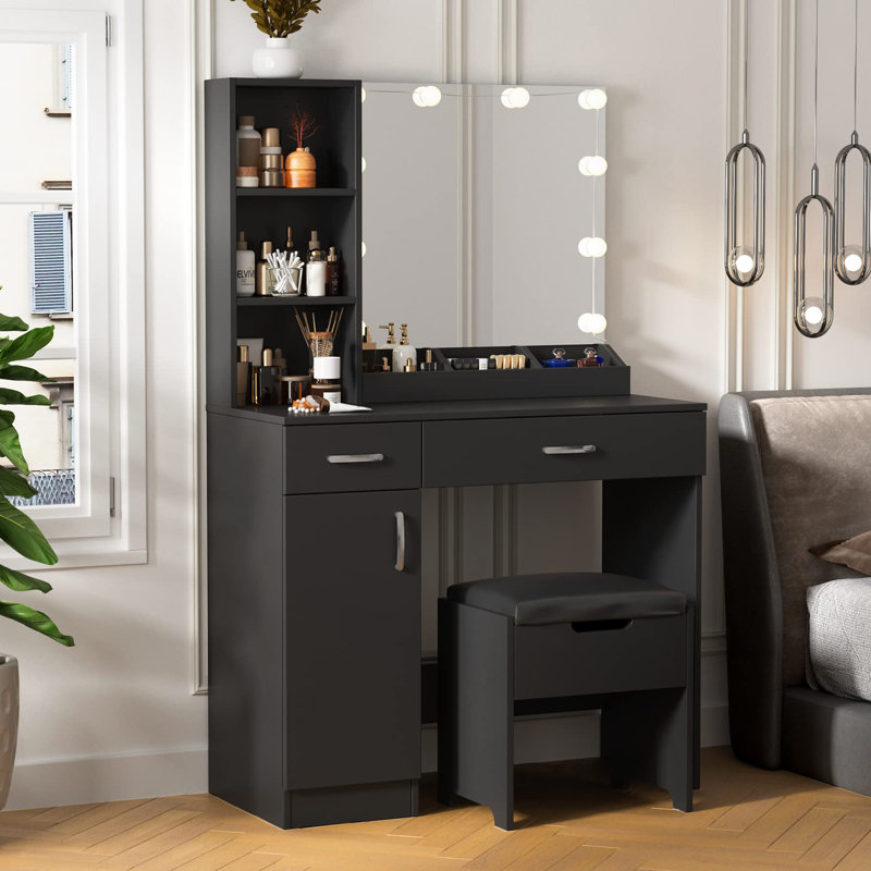 35.4'' Wide Vanity Set with Stool and Mirror, Black