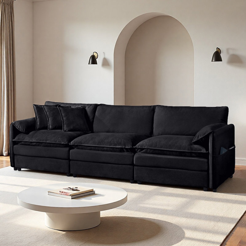 Canapé 109,45 "à 3 places avec 3 coussins décoratifs Cloud, 3, H 33,46 po x l 109,45 po x P 33,86 po, Noir