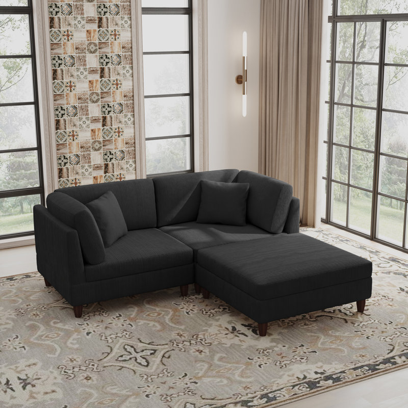 Michelyn 80.3"W 3 - Piece Corduroy Sectional Sofa with Ottoman for Comfort, Gray Corduroy
