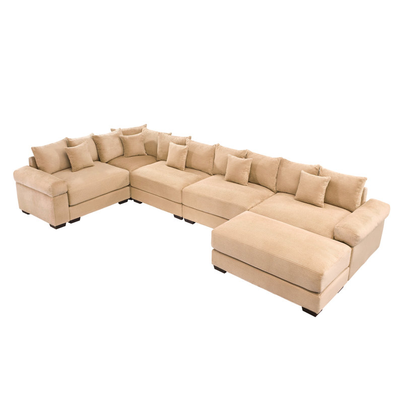 Kojka Convertible Corduroy Sectional Sofa with Thick Armrests & Movable Ottoman, Camel Corduroy