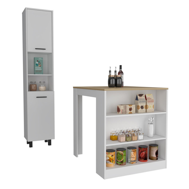 Makayli  2-Piece Kitchen Set with Kitchen Island and Kitchen Pantry, White/Light Oak