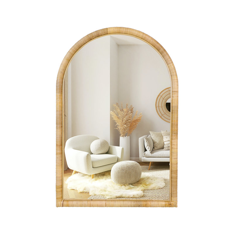 Natural Rattan Arched Wall Mirror, 36" x 24" Boho Decor