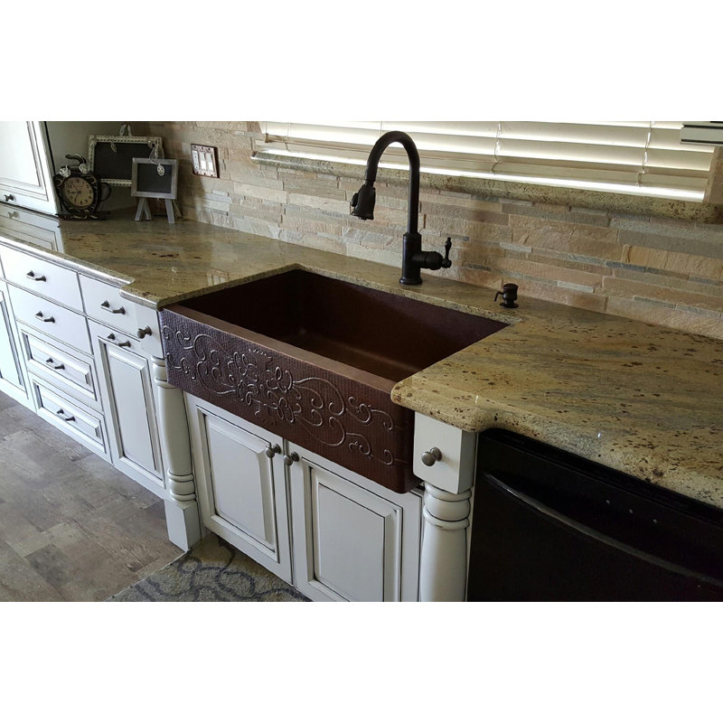 33" Hammered Copper Apron Front Single Basin Kitchen Sink w/ Scroll Design