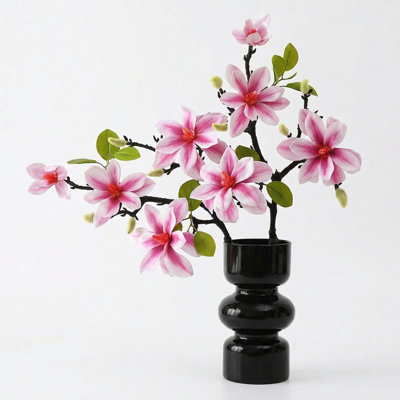 Glass Decorative Vase - Comes With Artificial Magnolia Flowers, Suitable For Home Decoration, Office, Dining Table, Or Fake Flower Decor, For Living Room, Kitchen, And Wedding Party Decorations