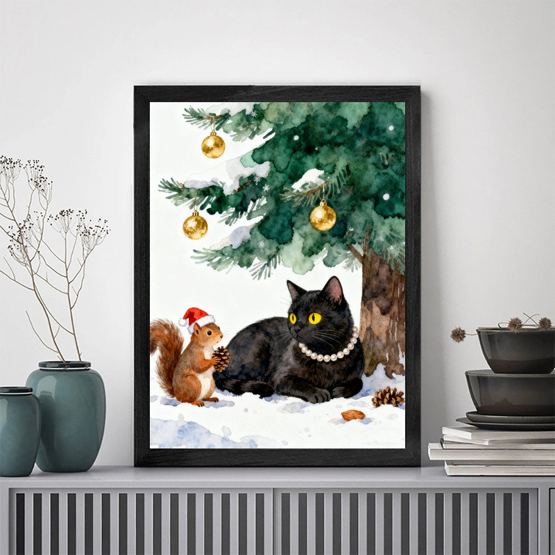 Cadre noir, aquarelle, arbre de chat de Noël, art mural, décoration festive fantaisiste, H 17 po x l 13 po