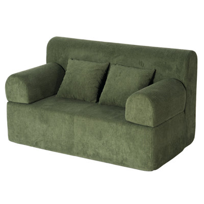 Convertible Corduroy Loveseat Sofa Bed, 2-in-1 Compact Couch With Adjustable Armrests & Throw Pillows, Overstuffed Foam Sofa For Living Room Bedroom, Green