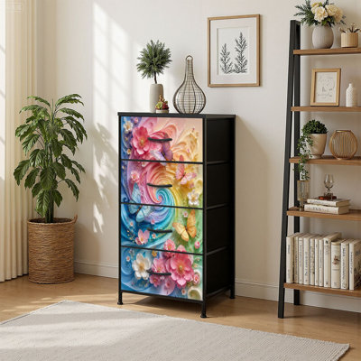 Commode de rangement verticale 4 tiroirs avec tourbillons floraux 3D colorés et pastel arc-en-ciel abstrait avec tiroirs en bois
