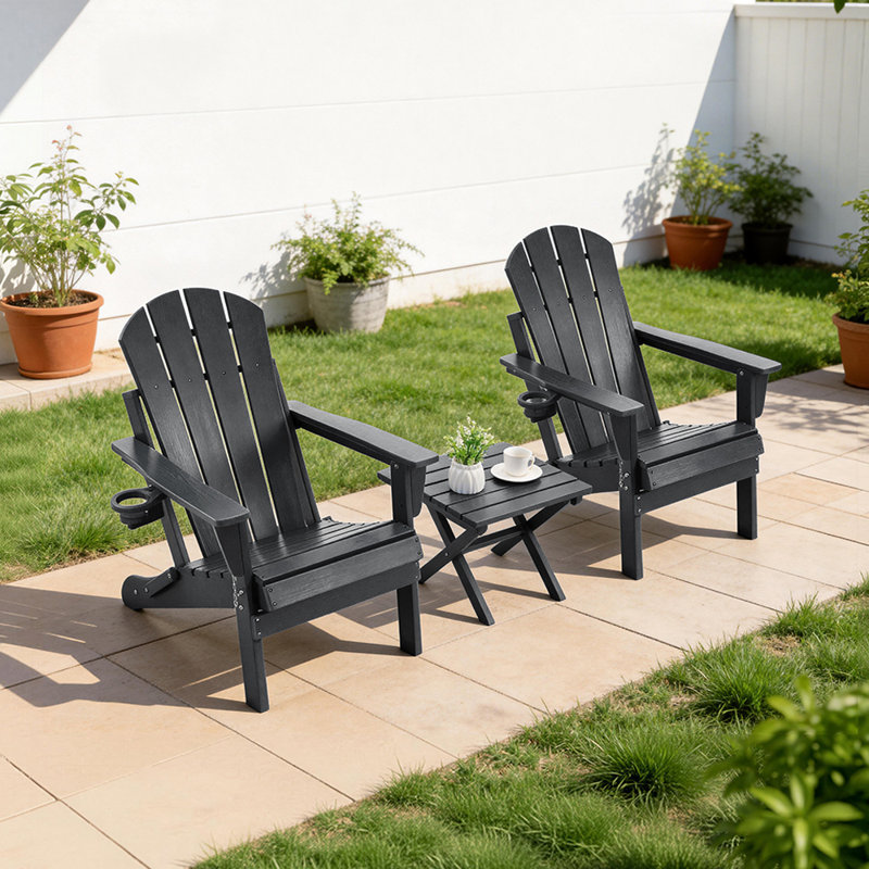 Outdoor HDPE Folding Adirondack Chair , Weather-Resistant Wood-Grain Lounge Chair, Black