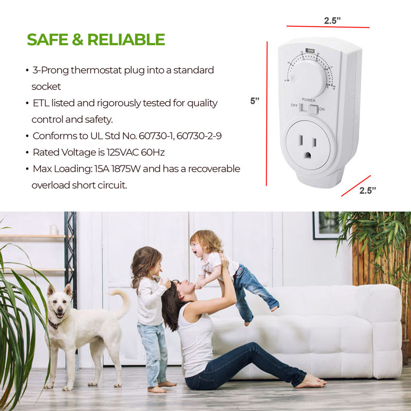 White Universal Plug-In Adjustable Thermostat for Heating & Cooling