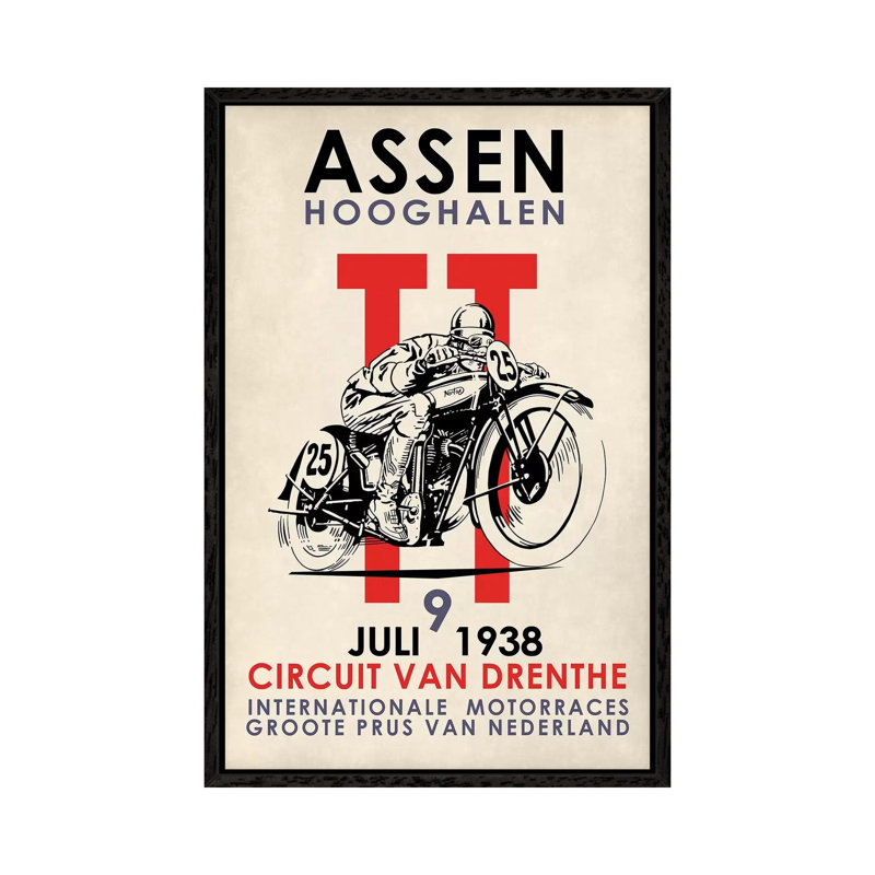Assen TT Motorcycle Races 1938 by Mark Rogan - Print on Canvas, 66.04 cm H x 45.72 cm W, Black Framed