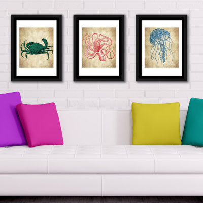 'Sea Life'  Wall Art Framed Art Print Set - 3 Pcs