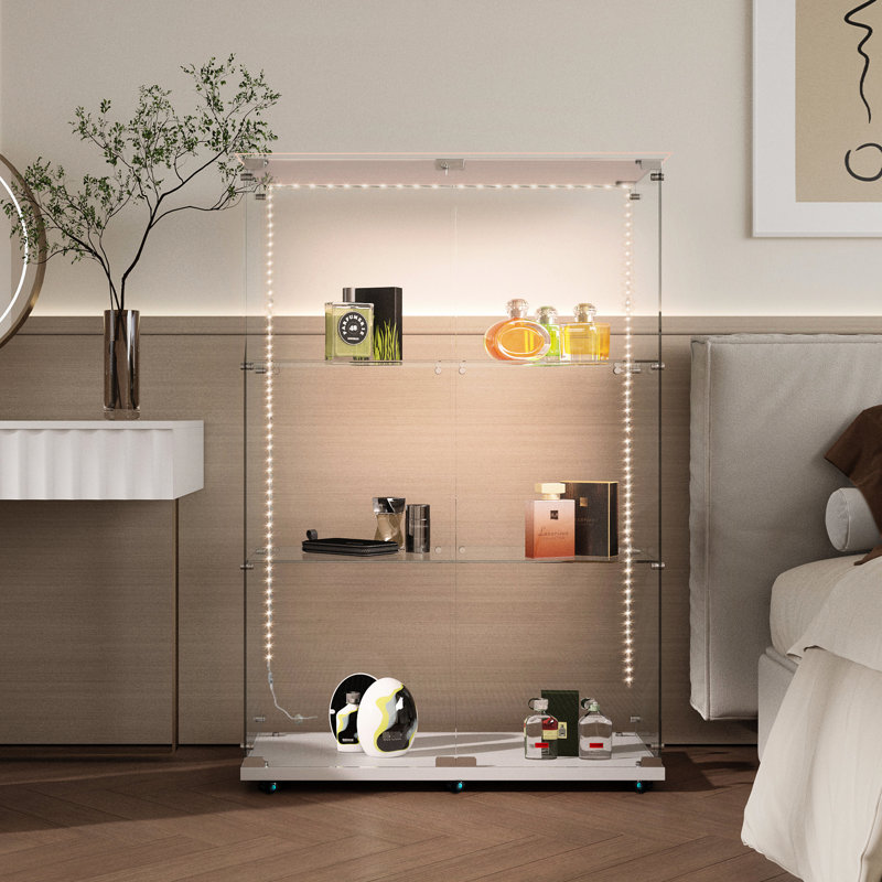 White, Tempered Glass File Cabinet, - Controlled Led Strip, 110 Lbs Load, With Lock Feature Mobile Capacity,