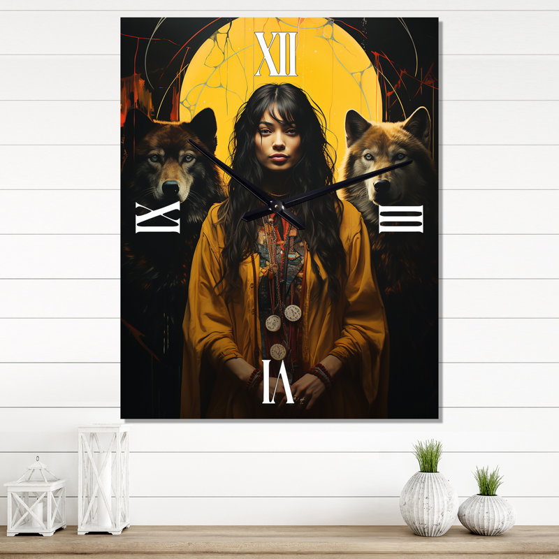 Femme qui danse avec les loups - Beauté indienne - Très grandes horloges murales, H 40 po x l 30 po x P 1 po