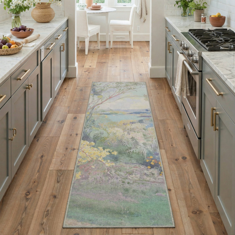 Tapis vert / jaune / bleu avec envers antidérapant Abshire Impressionist Garden Landscape, Tapis de couloir 2 pi x 6 pi