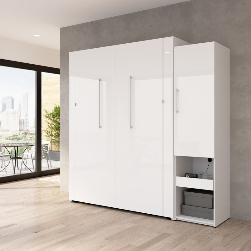 Maile High-Gloss Scratch-Resistant Murphy Bed and Storage Cabinet with Door and Pull-Out Shelf, Queen