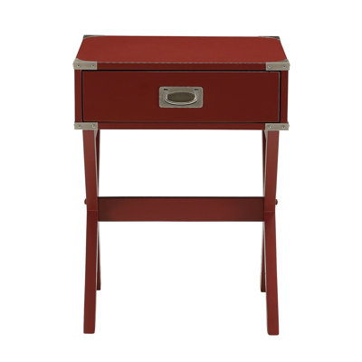 Square Side Table Of Red Color, Metal Corners, Kd, Wooden "X" Shape Base, Drawer Size 15X9x3, Glide Metal, Crossbar, In Home Living Decor Space With Top, Storage, Crossbar Support, For Primary