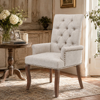 Ellvorn Chenille Tufted Dining Armchair, Upholstered French Accent Chair with High Back, Curved Solid Wood Legs, Foam Cushion and 300 lbs. Capacity