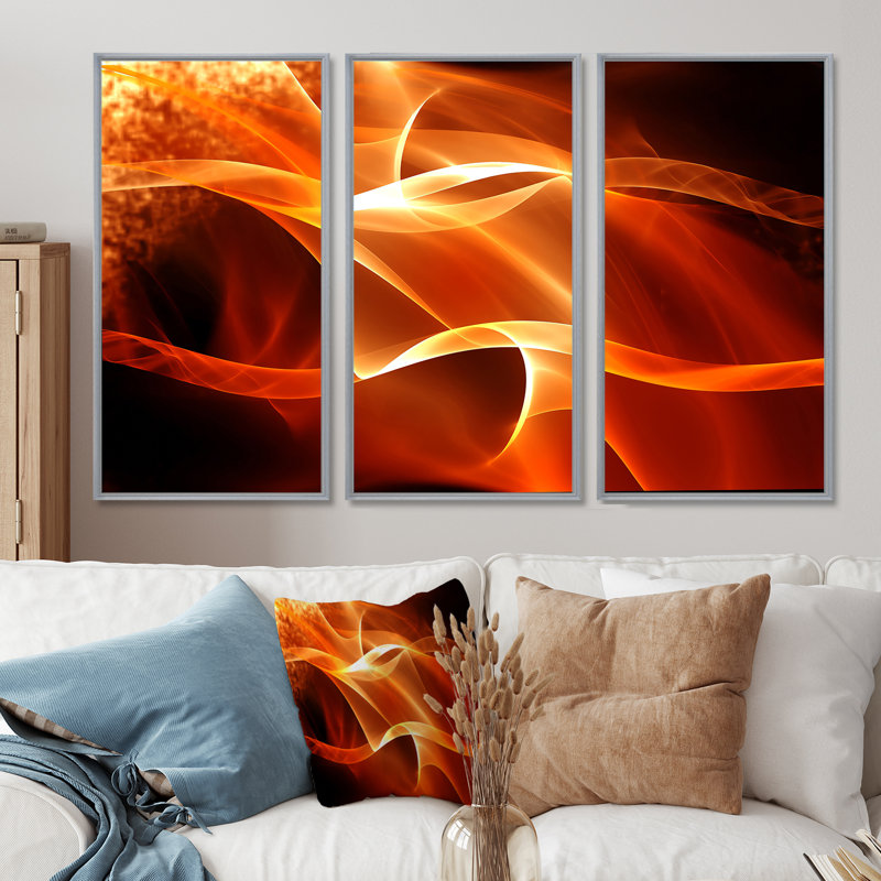 Orange 3D abstrait fractal vagues - ensemble abstrait d'art mural sur toile encadrée de 3, H 28 po x l 36 po, Argent